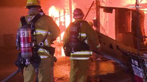 Firefighters battle an apartment blaze in North Hollywood on April 11, 2018. (Credit: RMG News)