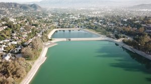 Silver Lake Reservoir is shown from Drone5 on April 10, 2018. (Credit: KTLA)