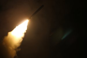 A photo from the U.S. Department of Defense shows a missile fired from the USS Monterey on April 14, 2018.