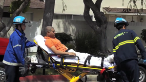 A man is transported to the hospital after being injured in a explosion at a Torrance apartment complex on April 8, 2018. (Credit: Street Heat)