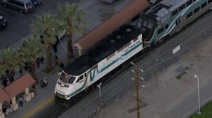 The scene where a person was hit by a Metrolink train in San Fernando on April 16, 2018, is seen here. (Credit: KTLA)