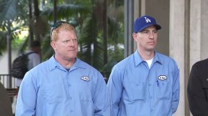 Michael Adams, left, and Kurt Boyer, the men who rescued a 13-year-old boy from L.A.'s sewer system, appear at a press conference on April 6, 2018. (Credit: KTLA)