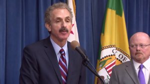 Los Angeles City Attorney Mike Feuer speaks at a news conference announcing a lawsuit against nine drugmakers and manufacturers over their alleged involvement in the opioid crisis on May 3, 2018. (Credit: KTLA)