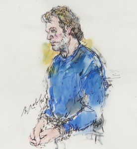 This sketch depicts Stephen Beal as he appeared in court in Santa Ana on May 17, 2018, after an unregistered destructive device was found in his Long Beach home. (Credit: Bill Robles)