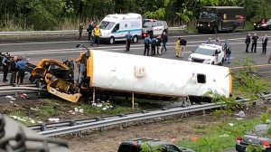 A bus overturned after a crash involving a dump truck in New Jersey on May 17, 2018. (Credit: Henry Rosoff / WPIX)