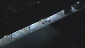 A damaged carport at a Camarillo apartment complex is seen after it was allegedly destroyed by an 18-year-old who took his mom’s car on May 10, 2018. (Credit: KTLA)