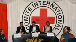 The president of the International Comitte for the Red Cross, Peter Maurer (center), addresses a press conference in Goma on May 18, 2018 following his tour of the Democratic Republic of Congo. (Credit: Alain Wandimoyi/AFP/Getty Images)