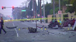 The mangled remains of a car is seen after it was involved in a fatal crash in Fountain Valley on Oct. 13, 2017. (Credit: OC Hawk)