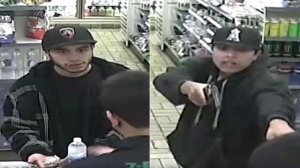 Two unidentified suspects in a robbery at a 7-Eleven in Garden Grove are seen in stills from surveillance footage released by police on May 7, 2018.
