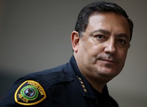 Houston police chief Art Acevedo looks on during a press conference following a tour of the NRG Center evacuation center on September 4, 2017 in Houston, Texas. (Credit: Justin Sullivan/Getty Images)