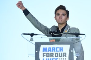 Marjory Stoneman Douglas High School student David Hogg adresses the crowd during the March For Our Lives rally against gun violence in Washington, D.C on March 24, 2018. (Credit: JIM WATSON/AFP/Getty Images)