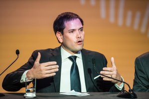 Sen. Marco Rubio, R- Florida, speaks during a press conference at the Eighth Americas Summit in Lima, on April 14, 2018. (Credit: ERNESTO BENAVIDES/AFP/Getty Images)