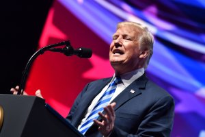 Donald Trump speaks at the NRA-ILA Leadership Forum during the NRA Annual Meeting and Exhibits at the Kay Bailey Hutchison Convention Center on May 4, 2018 in Dallas, Texas. (Credit: NICHOLAS KAMM/AFP/Getty Images)