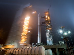 In this handout provided by NASA, the mobile service tower at SLC-3 is rolled back to reveal the United Launch Alliance Atlas-V rocket with the NASA InSight spacecraft onboard on Friday May 4, 2018, at Vandenberg Air Force Base in California. (Credit: Bill Ingalls/NASA via Getty Images)