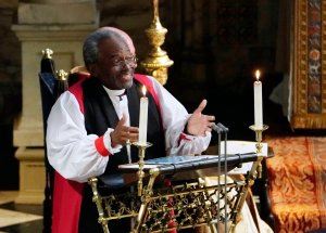 The Most Rev Bishop Michael Curry, primate of the Episcopal Church, gives an address during the wedding of Prince Harry and Meghan Markle in St George's Chapel at Windsor Castle on May 19, 2018 in Windsor, England. (Credit: Owen Humphreys - WPA Pool/Getty Images)