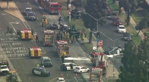 Fire and police officials respond to a fiery double fatal crash in Inglewood on May 10, 2018. (Credit: KTLA)