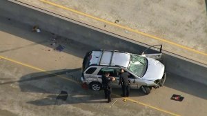 A man was killed after his car was involved in a single-vehicle crash on the 710 Freeway in Long Beach on May 2, 2018. (Credit: KTLA)