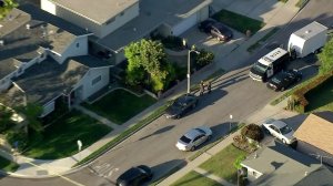 Police search the home apparently belonging to Steve Beal in Long Beach on May 16, 2018, in connection with the deadly Aliso Viejo explosion. (Credit: KTLA)
