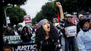 Maxine Victoria participates in the May Day march through Boyle Heights on May 1, 2018. (Credit: Marcus Yam / Los Angeles Times)