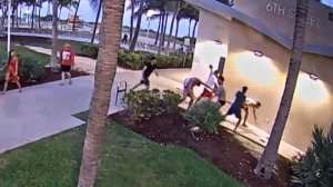 This still from surveillance video shows the April 8, 2018, attack on two men by four other men at Miami's annual gay pride parade. Hate crimes charges were later filed against the four alleged attackers.(Credit: Miami Beach Police Department via CNN)