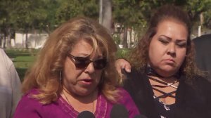 Jessie Lopez, (left) speaks during a news conference as her daughter, Jennifer Lopez listens on May 10, 2018. (Credit: KTLA)