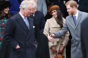 Meghan Markle attends a Christmas Day Service on Dec. 25, 2017, with Prince Harry and members of the royal family, including Prince Charles, at right. (Credit: Getty Images via CNN)