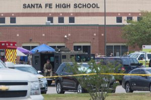 Emergency crews gather in the parking lot of Santa Fe High School where 10 people were killed on May 18, 2018 in Santa Fe, Texas. (Credit: Daniel KramerAFP/Getty Images)