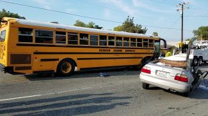 A vehicle crashed into a school bus in San Bernardino on May 18, 2018. (Credit: Hightail)