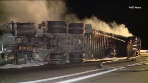 An overturned big rig is seen on the Grapevine on May 9, 2018. (Credit: RMG News)
