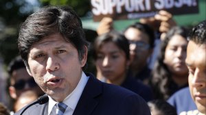 State Sen. Kevin de León (D-Los Angeles) is the co-author of SB 54, also called a "sanctuary" law protecting undocumented immigrants in California. Here, he speaks at a news conference in Highland Park after the bill was passed in October 2017. (Credit: Mel Melcon / Los Angeles Times)