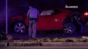 A Dodge Challenger crashed into four pedestrians on a sidewalk and killed three of them on June 24, 2018, in Bloomington. (Credit: InlandNews)