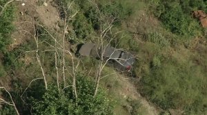 A car is seen surrounded by shrubbery at the bottom of a cliff in Santa Clarita on June 26, 2018. (Credit: KTLA)