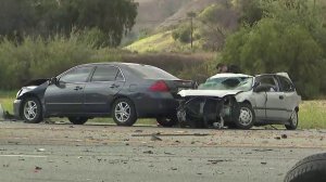 Two vehicles are seen following a fatal collision on Highway 126 in Fillmore on May 31, 2018. (Credit: KTLA)