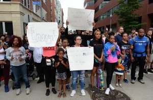 People protest outside of PNC Park in Pittsburgh on June 22, 2018, over the fatal police shooting of Antwon Rose. (Credit: Justin Berl / Getty Images)