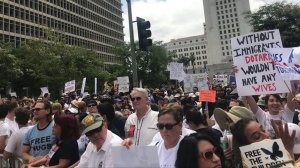 Thousands gather in downtown Los Angeles on June 30, 2018, to protest the Trump administration’s immigration policies. (Credit: Luis Sinco/Los Angeles Times)
