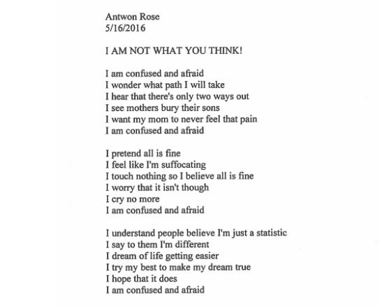 The Woodland Hills School District in Pennsylvania released this poem written by student Antwon Rose, who was fatally shot by police outside Pittsburgh on June 20, 2018.