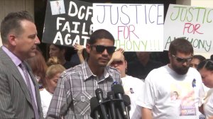 Victor Avalos, center, speaks during a news conference about his son Anthony Avalos' death on July 17, 2018. He is flanked by the family's attorney, Brian Claypool, and David and Maria Barron. (Credit: KTLA) 