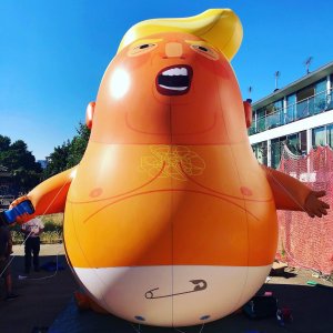 An image posted to Crowdfunder on June 27, 2018, shows the "Trump baby" balloon.