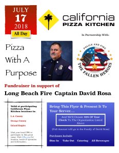 The Fallen Heroes provided this flier on their website for California Pizza Kitchen's fundraiser in honor of Capt. Dave Rosa on July 17, 2018. 