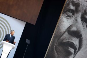 Former President Barack Obama speaks during the 2018 Nelson Mandela Annual Lecture at the Wanderers cricket stadium in Johannesburg on July 17, 2018. (Credit: Marco Longari/AFP/Getty Images)