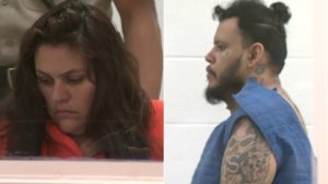 Heather Maxine Barron, left, and Kareem Ernesto Leiva, right, are seen in an Antelope Valley courtroom on July 2, 2018. (Credit: KTLA)