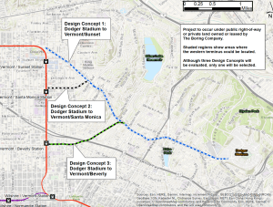 Three proposed routes for the Dugout Loop, a proposed underground railway between East Hollywood and Dodger Stadium, is seen in a map provided by the Boring Company.