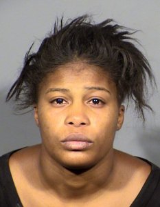 Aisha Thomas is seen in a booking photo released by Las Vegas police.