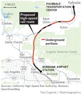 A graphic shows the California High-Speed Rail Authority's staff's proposed route through part of L.A. County, released Sept. 19, 2018. (Credit: Los Angeles Times Graphics)