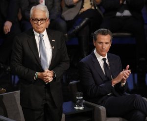 Gubernatorial candidates John Cox, left, and Lt. Gov. Gavin Newsom are seen before a debate at UCLA in January 2018. (Credit: Genaro Molina / Los Angeles Times)