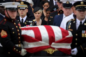 Cindy McCain looks on as a joint military service team carries the casket of the late Sen. John McCain following his funeral service at the Washington National Cathedral on Sept. 1, 2018 in Washington, D.C. (Credit: Drew Angerer/Getty Images)