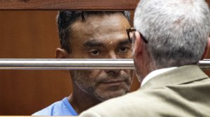 Ramon Escobar is seen in a photo published by the Los Angeles Times after he was arraigned in court on Sept. 26, 2018. A judge in the case, in which Escobar is accused of killing three and severely injuring others in brutal beatings across L.A., previously ordered that media outlets not publish courtroom photos of Escobar but reversed that order on Sept. 27, 2018. (Credit: Gina Ferazzi / Los Angeles Times)