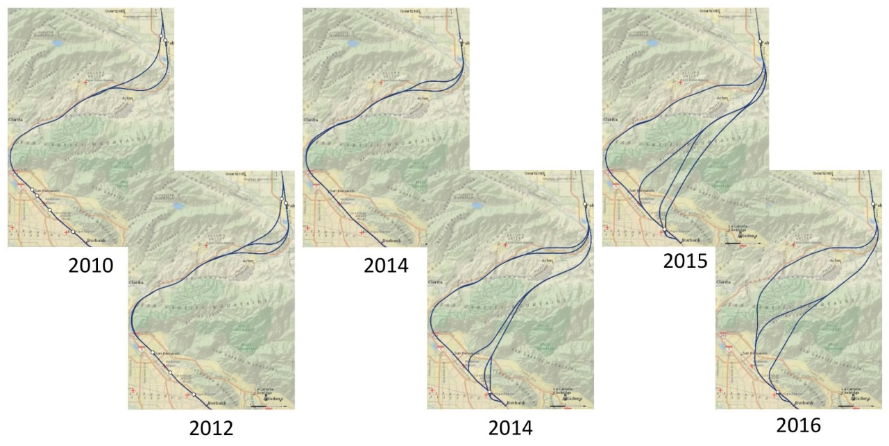 The evolution of the proposals for California High-Speed Rail in L.A. County is shown in a slide from an authority staff presentation on Sept. 19, 2018.