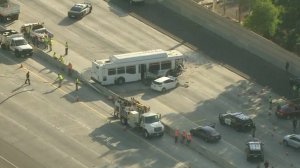 Aerial footage of a multivehicle crash on the 405 Freeway in the North Hills area is seen still being investigated three hours later on Oct. 14, 2018. (Credit: KTLA)