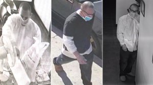 Three surveillance images released by Los Angeles police on Oct. 9, 2018, show a man accused of assaulting a dentist while robbing his Van Nuys practice in late August.